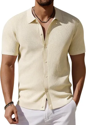 COOFANDY Men's Vintage Knit Shirt Short Sleeve Button Down Polo Shirts for Summer Casual & Vacation