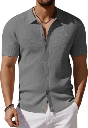 COOFANDY Men's Vintage Knit Shirt Short Sleeve Button Down Polo Shirts for Summer Casual & Vacation