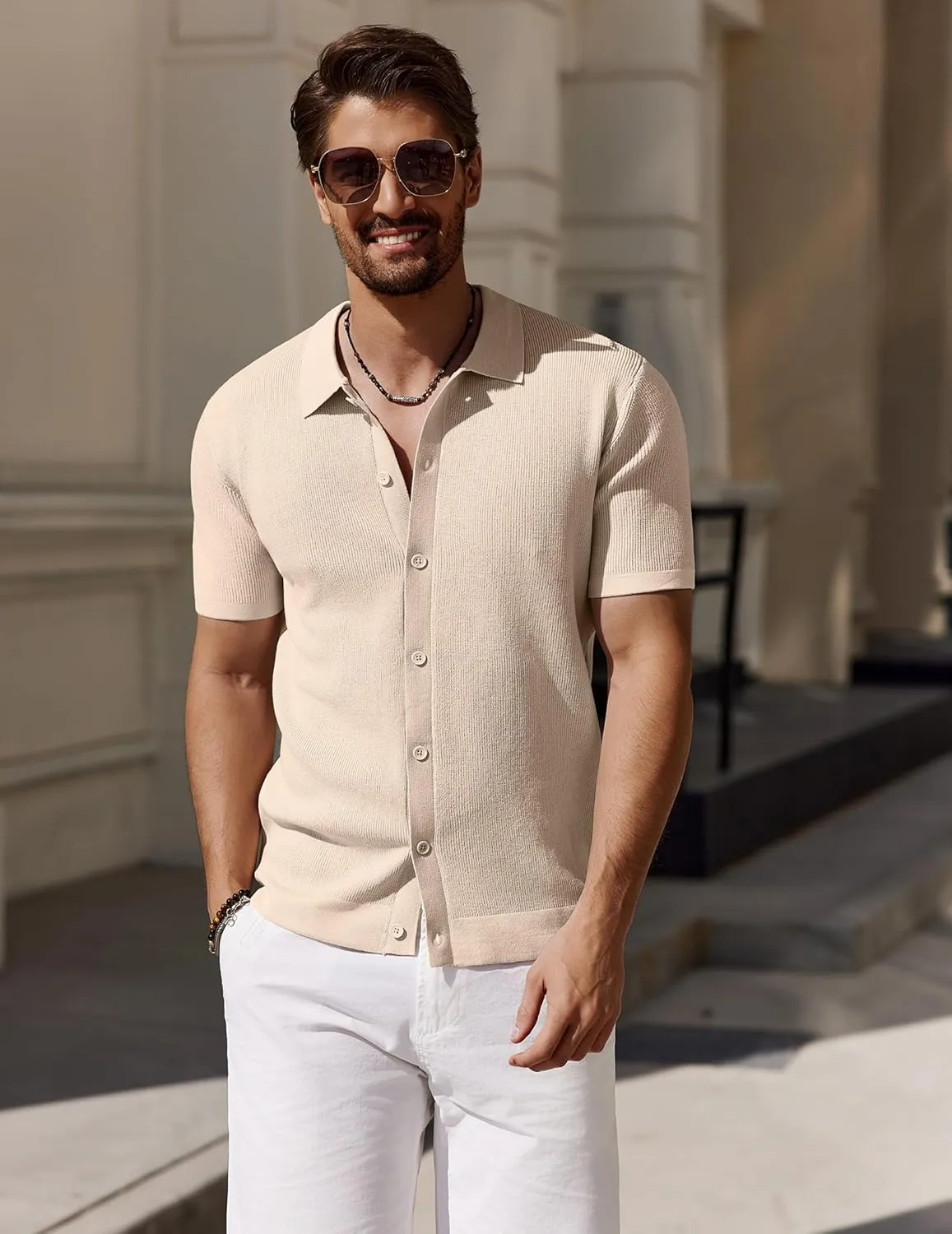 COOFANDY Men's Vintage Knit Shirt Short Sleeve Button Down Polo Shirts for Summer Casual & Vacation