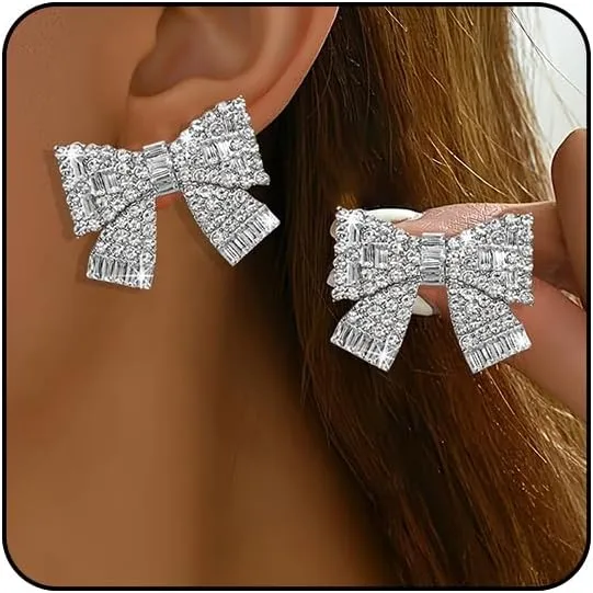 Coquette Rhinestone Dangle Earrings - Hot Pink, Red, Black - Silver Bow Earrings for Women - Sparkly Holiday & Christmas Jewelry
