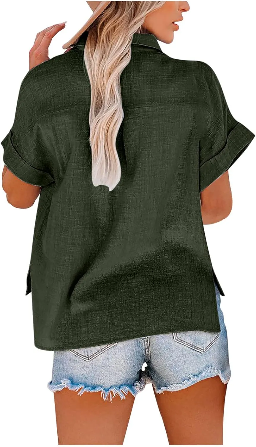 Cotton Linen Button Down Shirts for Women V Neck Collared Blouse Short Sleeve Business Work Tops Summer Gauze Shirt
