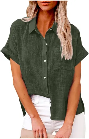 Cotton Linen Button Down Shirts for Women V Neck Collared Blouse Short Sleeve Business Work Tops Summer Gauze Shirt