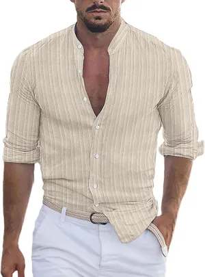 Cotton Linen Shirts Men Long Sleeve Banded Collar Striped Casual Work Shirts 2025 Trendy Summer Beach Yoga T-Shirts