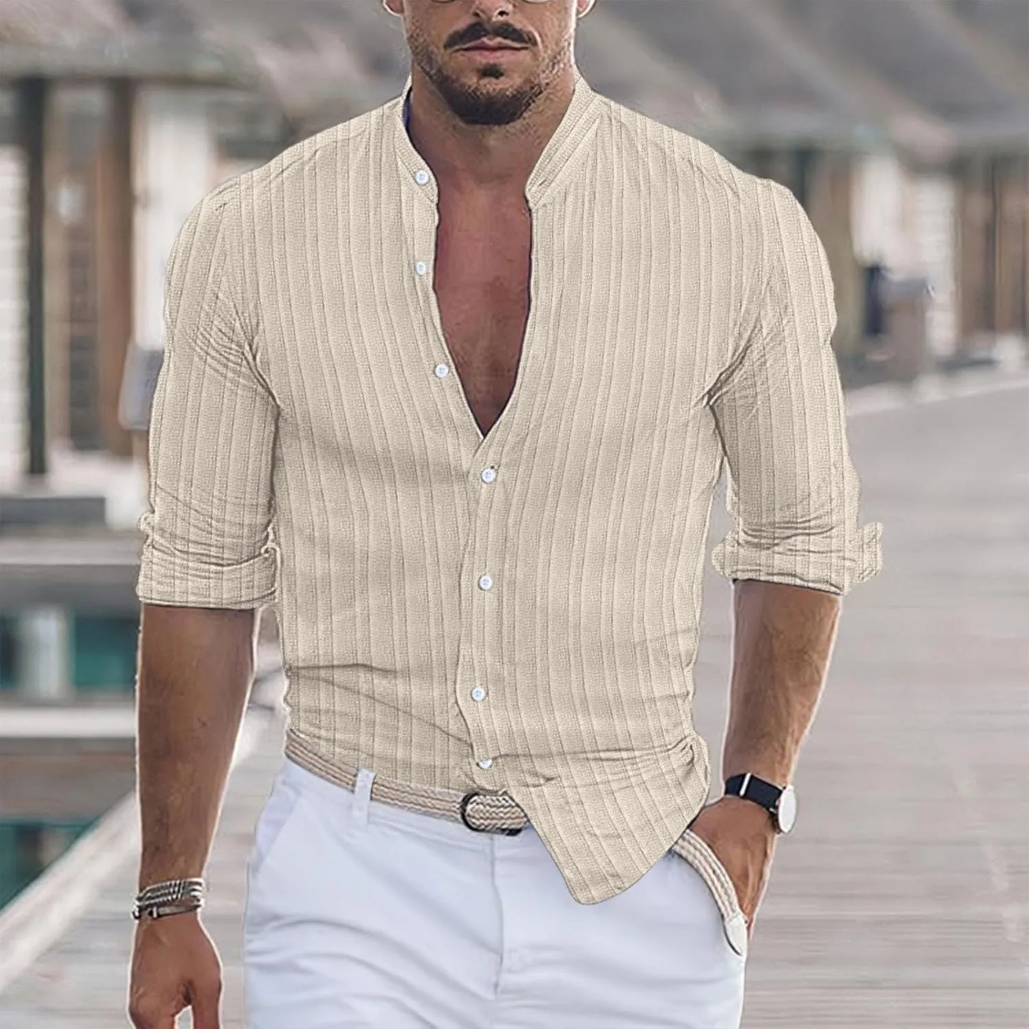 Cotton Linen Shirts Men Long Sleeve Banded Collar Striped Casual Work Shirts 2025 Trendy Summer Beach Yoga T-Shirts