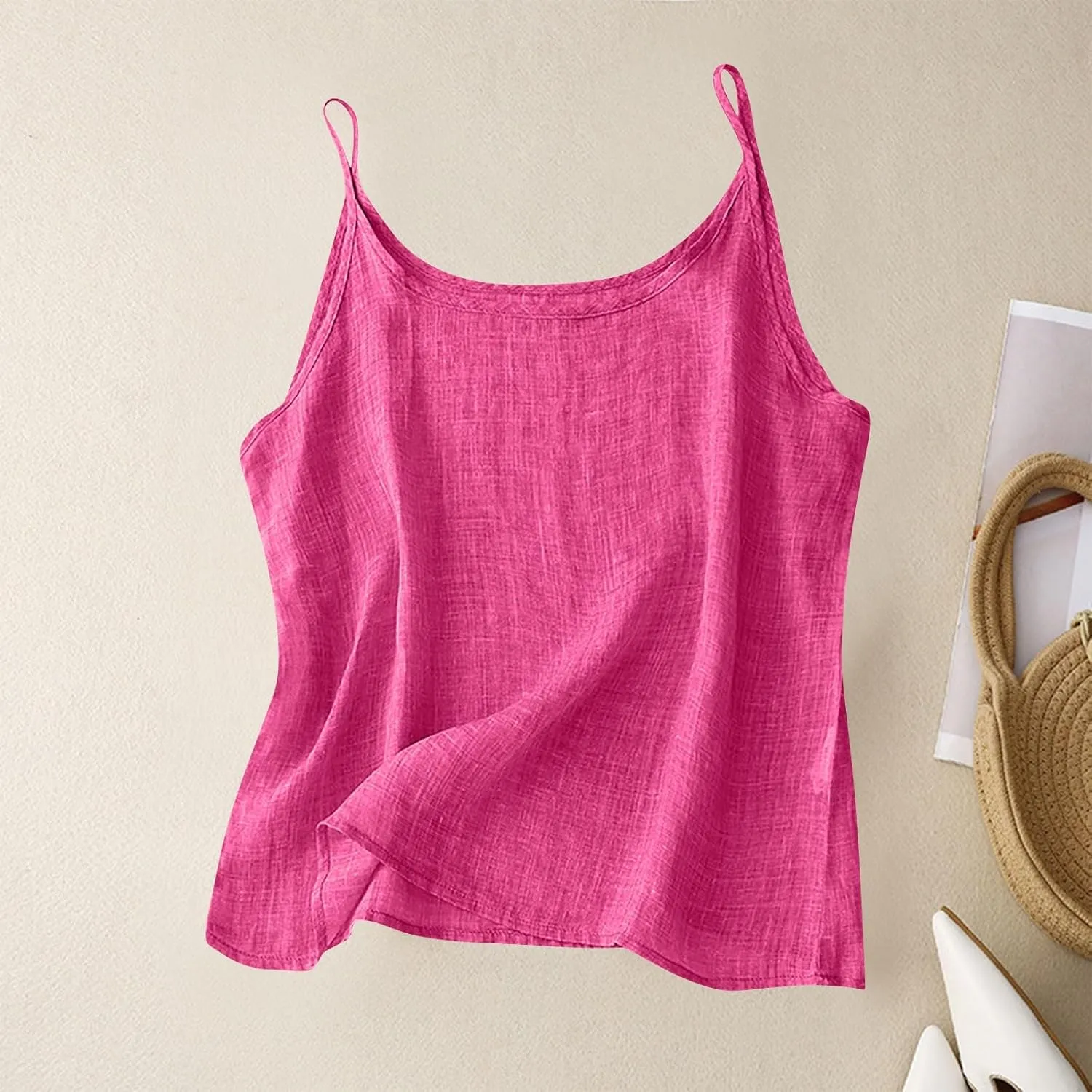 Cotton Linen Tank Top for Women Sleeveless Spaghetti Strap Camisole Summer Beach Vacation Tops Casual Travel Clothes