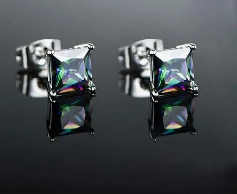 Created Rainbow Quartz Stud Earrings for Women Men 18K White Gold Plated Round/Square CZ Earrings Hypoallergenic Jewelry Gift