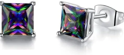 Created Rainbow Quartz Stud Earrings for Women Men 18K White Gold Plated Round/Square CZ Earrings Hypoallergenic Jewelry Gift