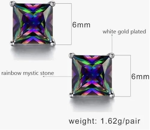 Created Rainbow Quartz Stud Earrings for Women Men 18K White Gold Plated Round/Square CZ Earrings Hypoallergenic Jewelry Gift