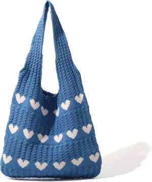 Crochet Tote Bags for Women - Cute Heart Shaped Knit Shoulder Bag Cutecore Accessories Y2K Aesthetic Handbag Beach Hobo Bag