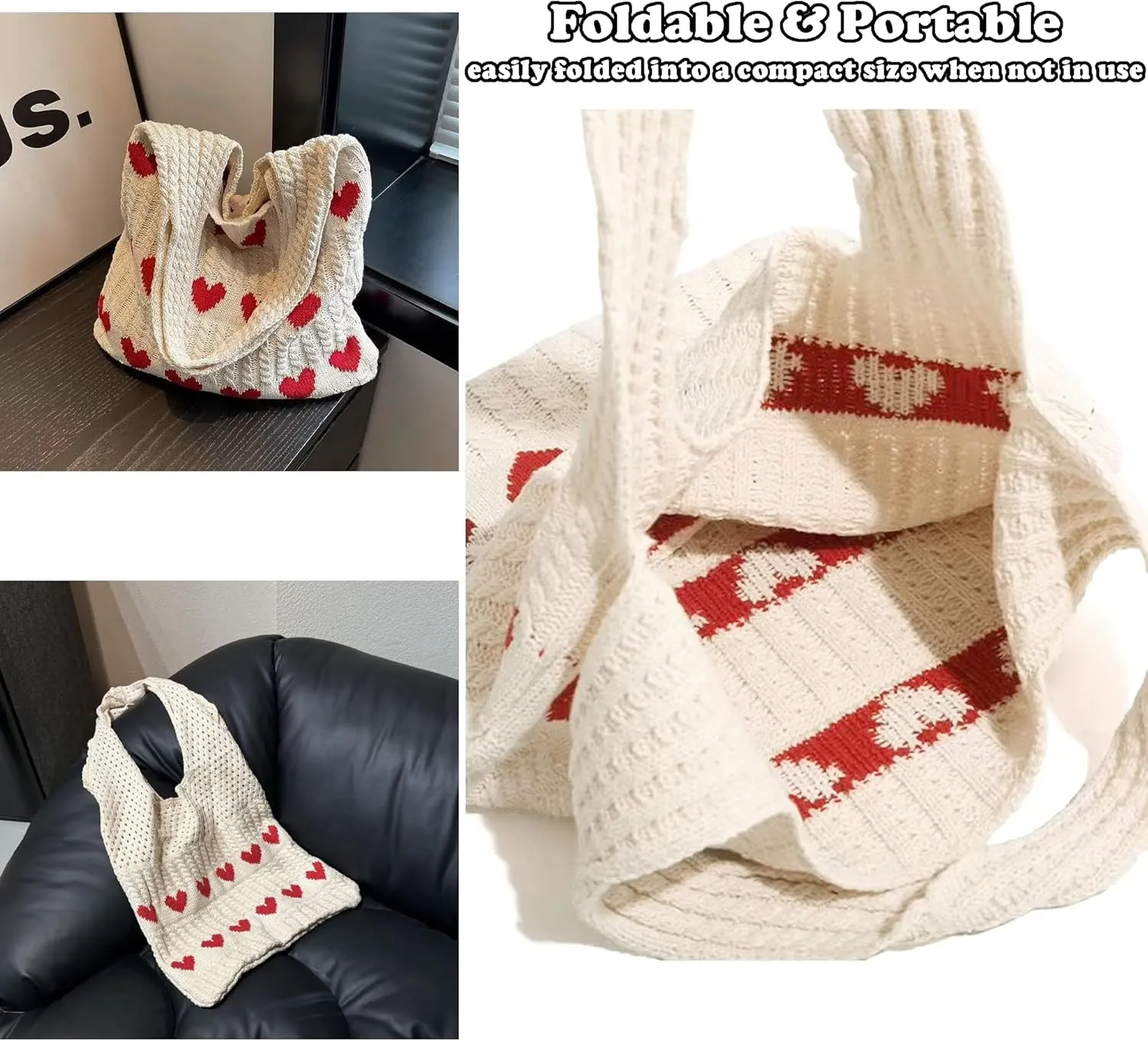 Crochet Tote Bags for Women - Cute Heart Shaped Knit Shoulder Bag Cutecore Accessories Y2K Aesthetic Handbag Beach Hobo Bag