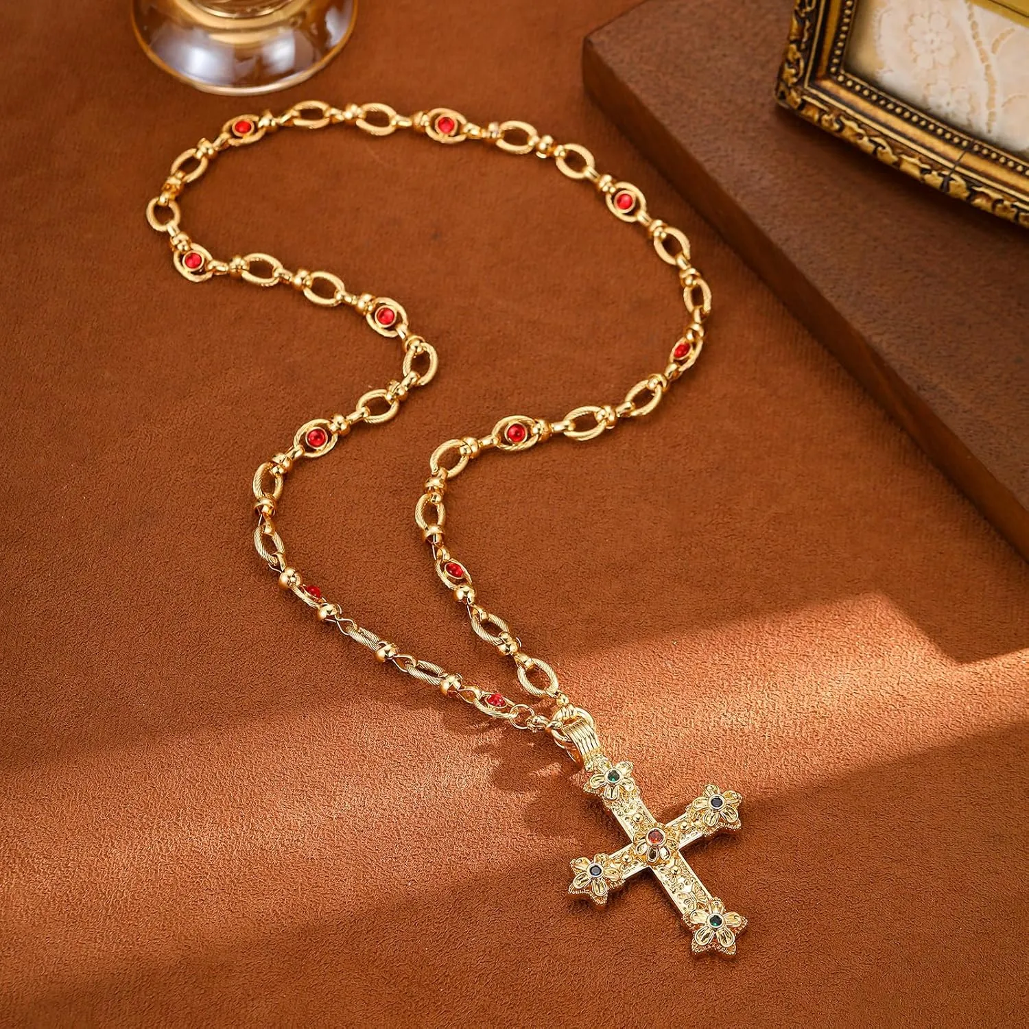 Cross Pendant Necklace for Women 18K Gold Plated Faith Necklace Luxurious Multi-Colored Gemstones Cross Choker Necklace Lightweight Prayer Religious Jewelry