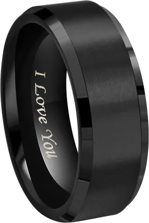Crownal 4mm 6mm 8mm Black/Silver/Gunmetal/Gold Tungsten Wedding Couple Bands Rings Men Women Matte Brushed Finish Center Engraved "I Love You" Size 4 To 17