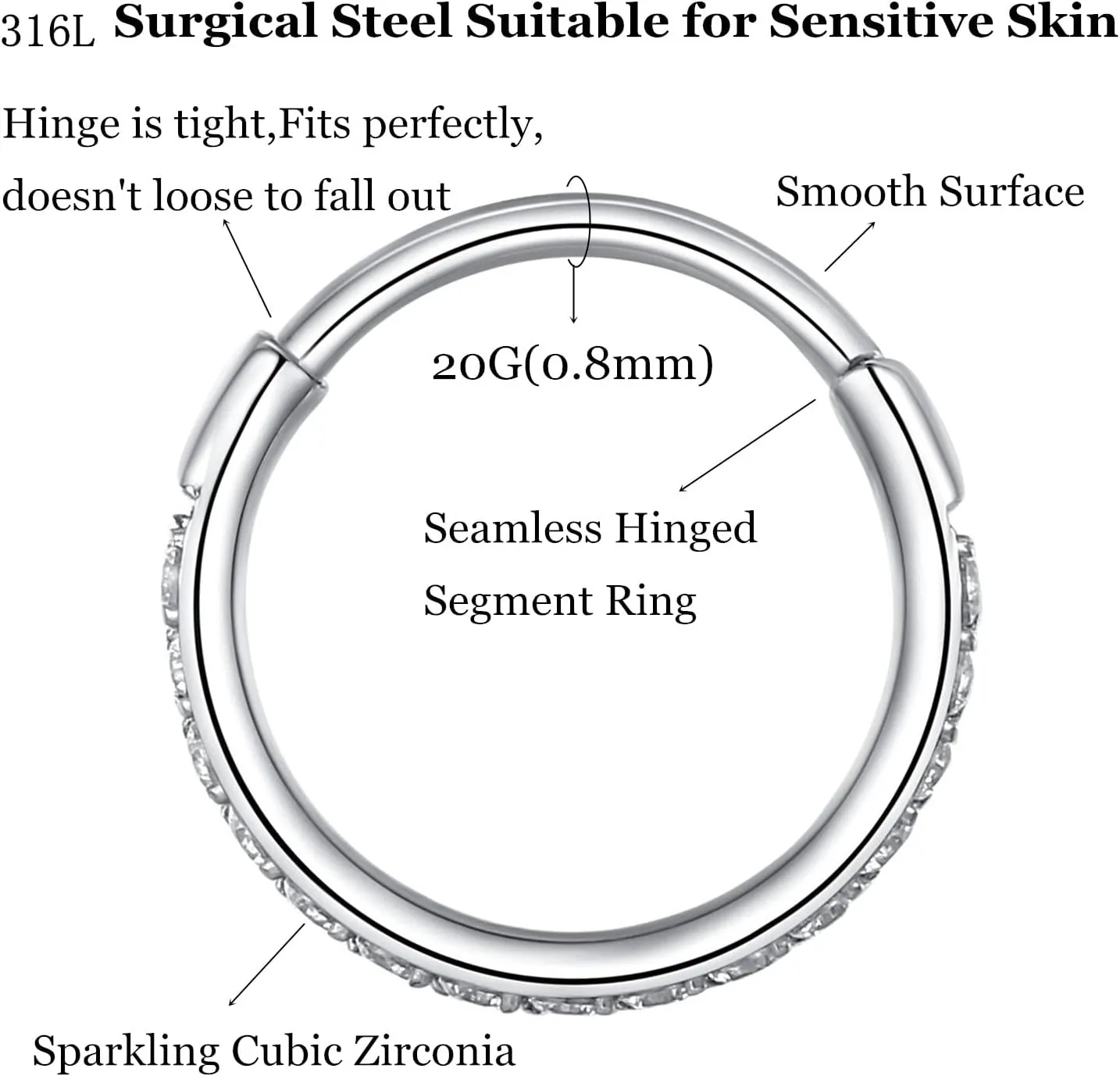 CZ Hinged Segment Nose Rings Hoop 316L Surgical Steel Cubic Zirconia Conch Daith Helix Tragus Body Piercing Jewelry Lip Rings Cartilage Earrings 20G 18G 16G Stainless Steel Septum Clicker Ring
