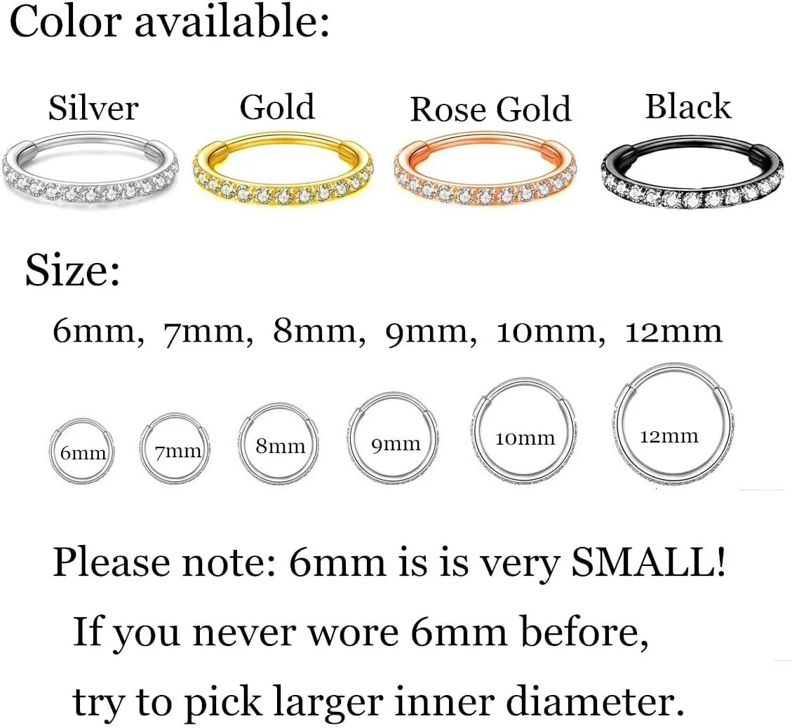 CZ Hinged Segment Nose Rings Hoop 316L Surgical Steel Cubic Zirconia Conch Daith Helix Tragus Body Piercing Jewelry Lip Rings Cartilage Earrings 20G 18G 16G Stainless Steel Septum Clicker Ring