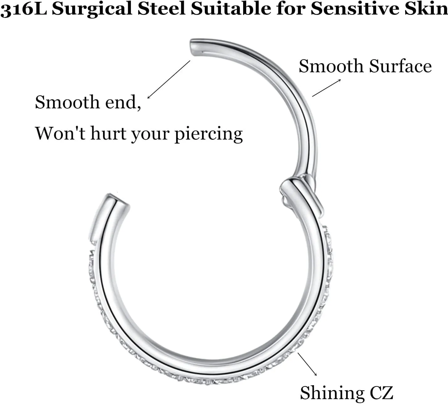 CZ Hinged Segment Nose Rings Hoop 316L Surgical Steel Cubic Zirconia Conch Daith Helix Tragus Body Piercing Jewelry Lip Rings Cartilage Earrings 20G 18G 16G Stainless Steel Septum Clicker Ring