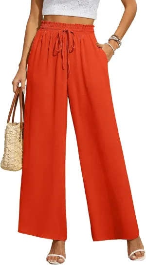 CZYINXIAN Women's Casual Wide Leg Pants Flowy Adjustable Tie Knot Elastic Waist Pants with Pockets