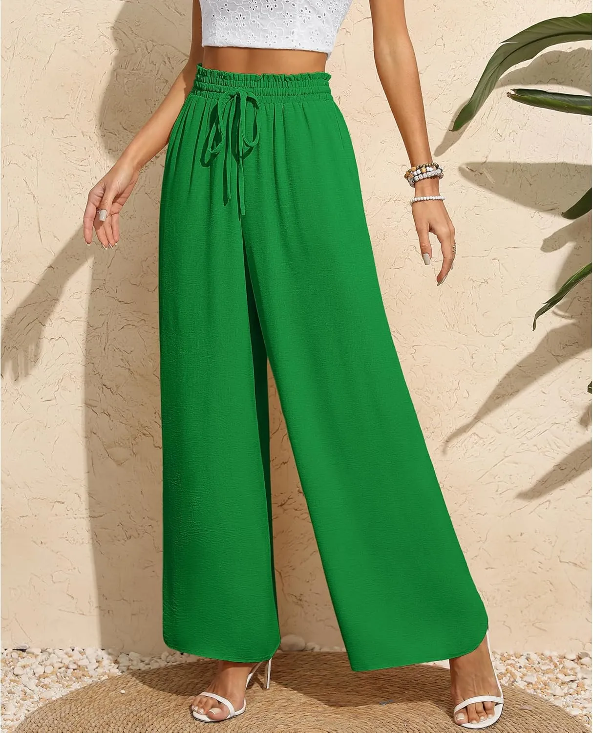 CZYINXIAN Women's Casual Wide Leg Pants Flowy Adjustable Tie Knot Elastic Waist Pants with Pockets