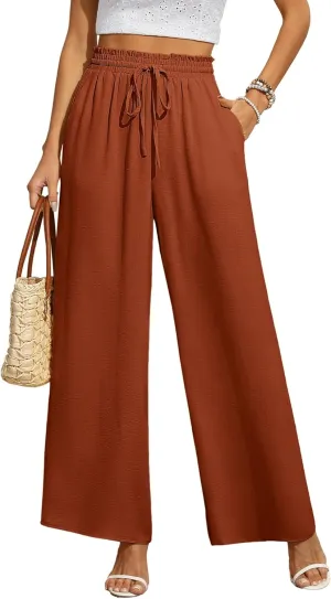 CZYINXIAN Women's Casual Wide Leg Pants Flowy Adjustable Tie Knot Elastic Waist Pants with Pockets