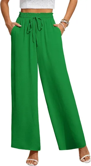 CZYINXIAN Women's Casual Wide Leg Pants Flowy Adjustable Tie Knot Elastic Waist Pants with Pockets
