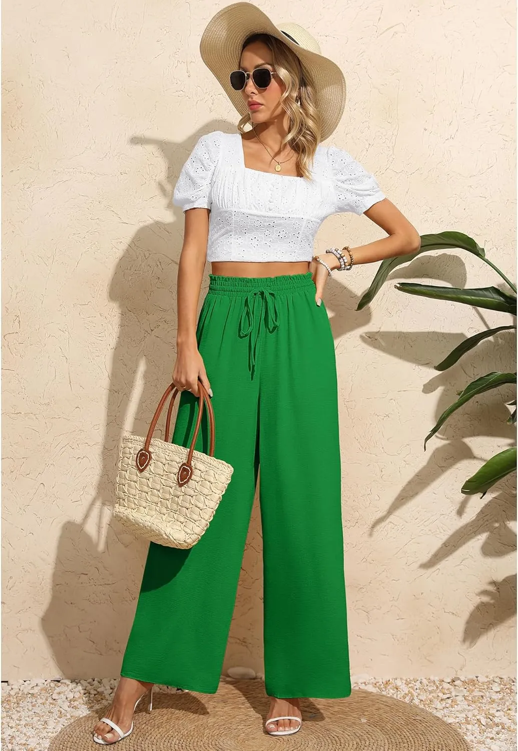 CZYINXIAN Women's Casual Wide Leg Pants Flowy Adjustable Tie Knot Elastic Waist Pants with Pockets