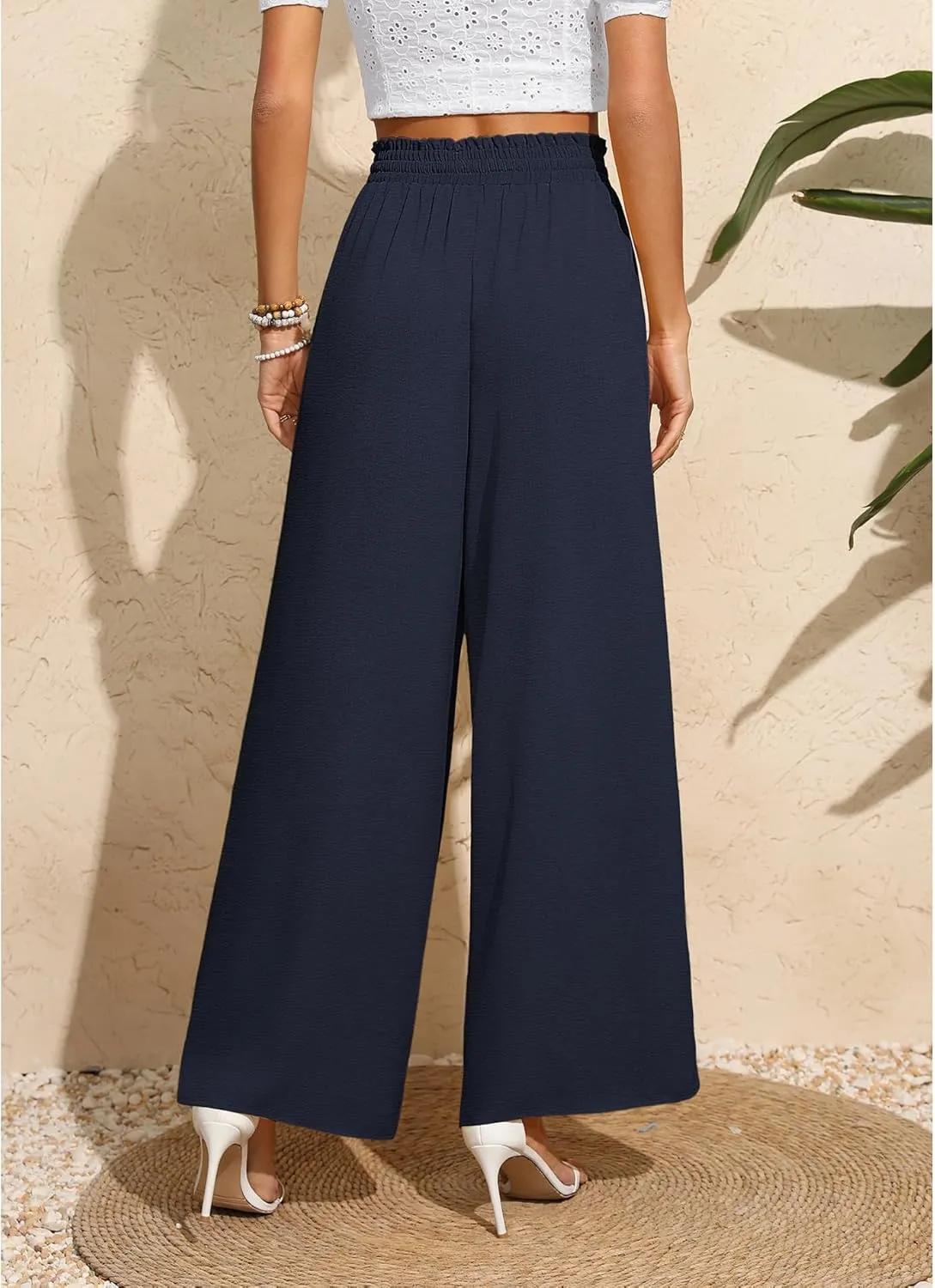 CZYINXIAN Women's Casual Wide Leg Pants Flowy Adjustable Tie Knot Elastic Waist Pants with Pockets