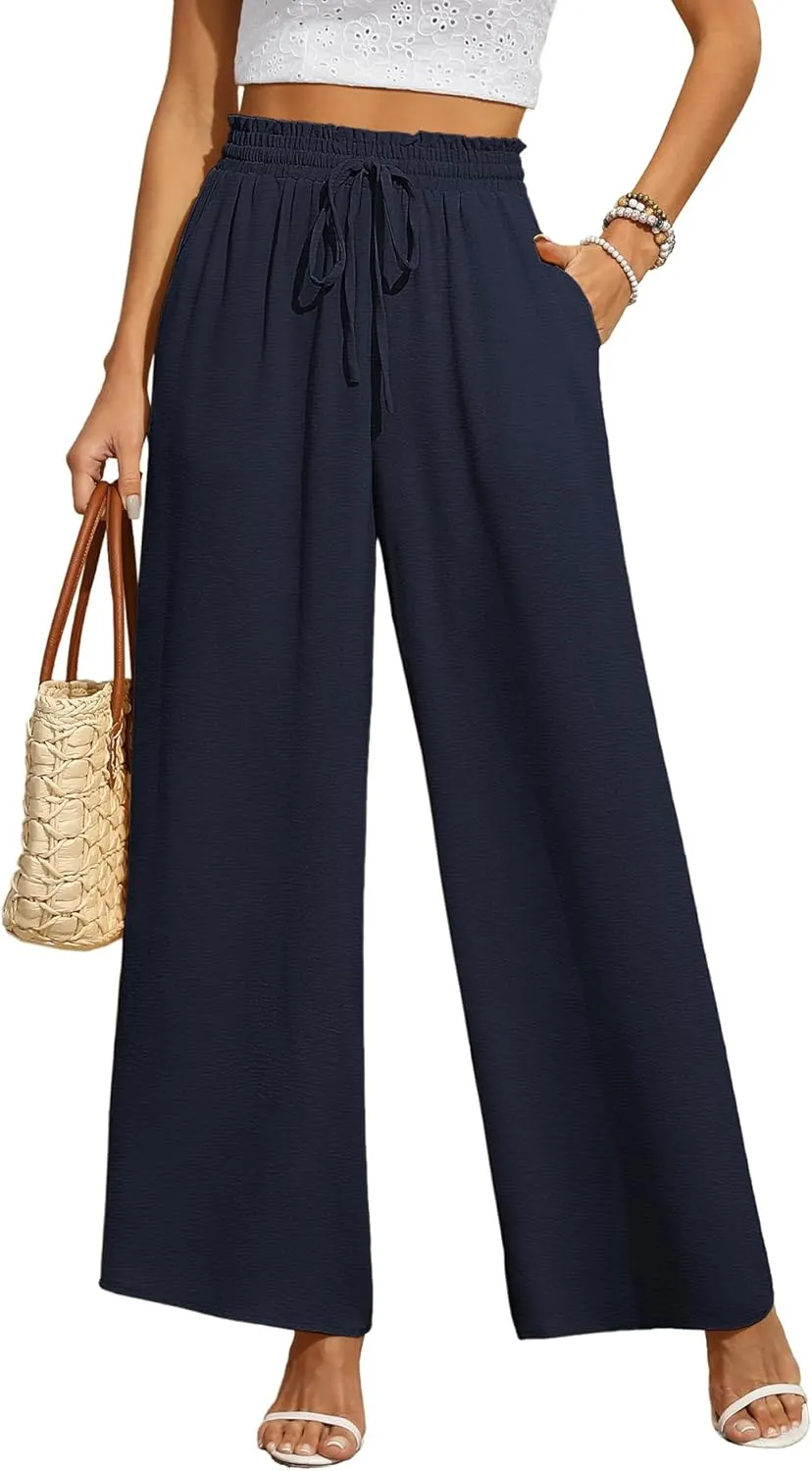 CZYINXIAN Women's Casual Wide Leg Pants Flowy Adjustable Tie Knot Elastic Waist Pants with Pockets