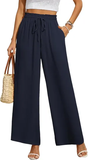 CZYINXIAN Women's Casual Wide Leg Pants Flowy Adjustable Tie Knot Elastic Waist Pants with Pockets
