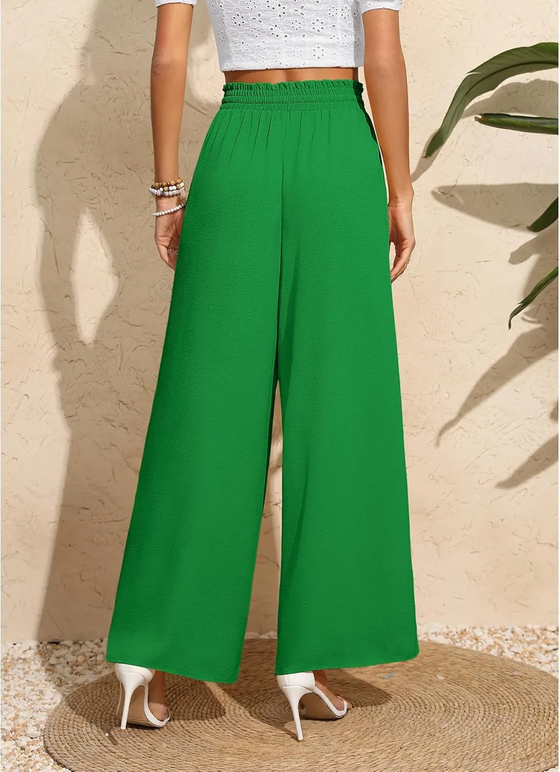 CZYINXIAN Women's Casual Wide Leg Pants Flowy Adjustable Tie Knot Elastic Waist Pants with Pockets