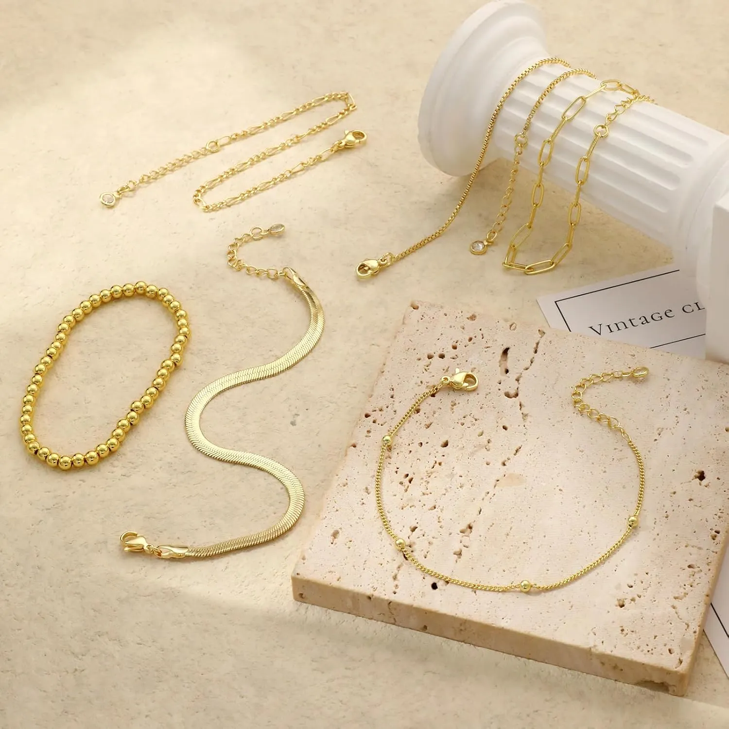 Dainty 14K Gold Bracelets for Women - Waterproof Stackable Gold Bracelet Set - Perfect for Stylish Women