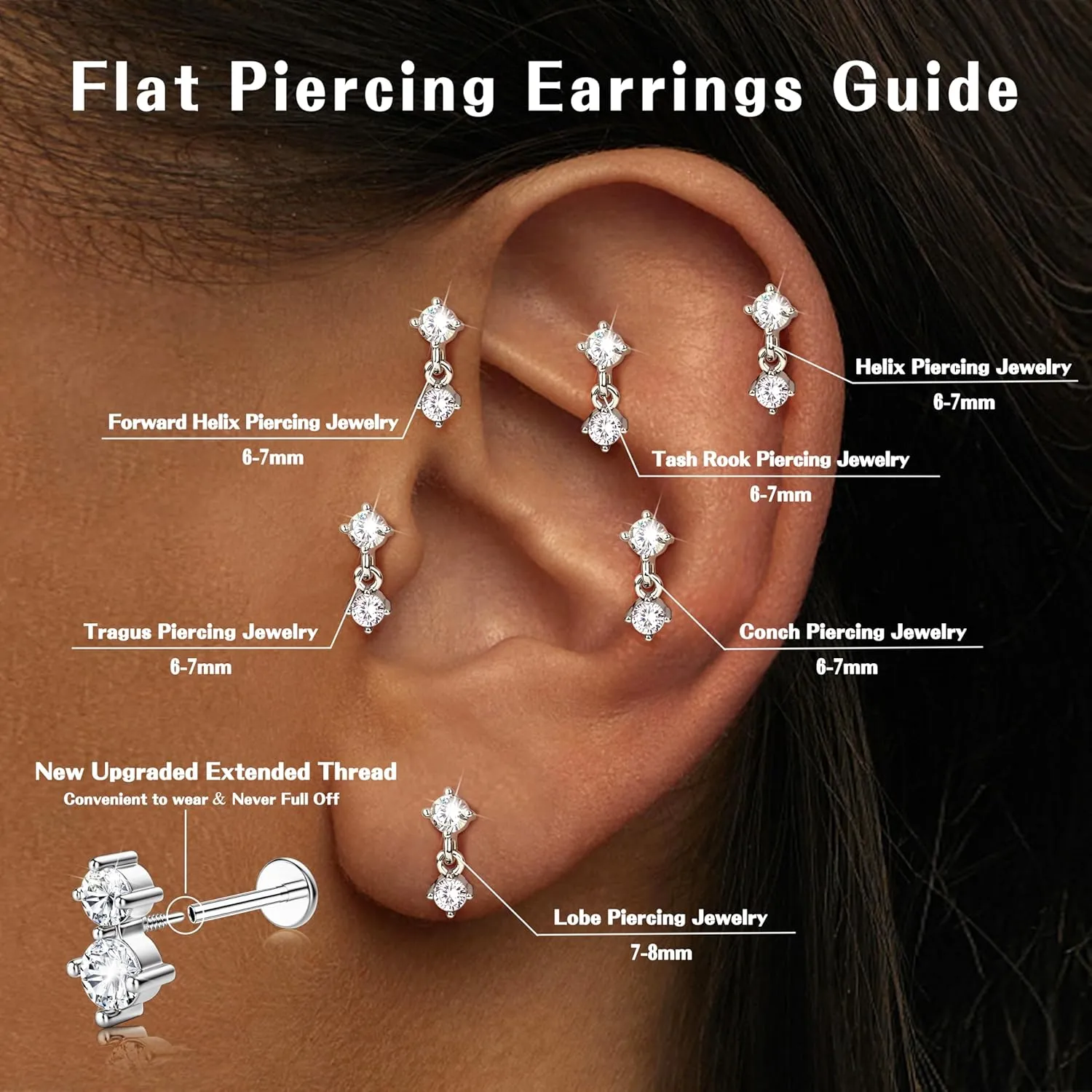 Dainty Flat Back Studs & Dangle Earrings - Hypoallergenic 18G Sets for Multiple Piercing - Birthstone CZ Earrings