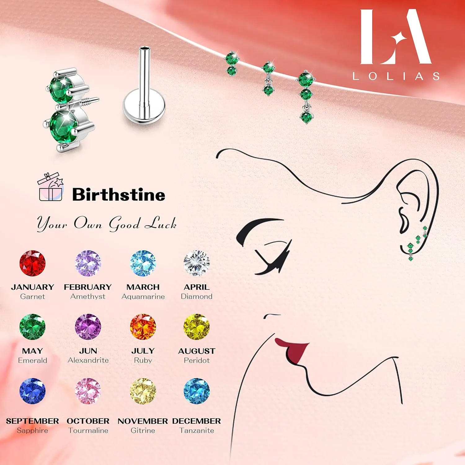 Dainty Flat Back Studs & Dangle Earrings - Hypoallergenic 18G Sets for Multiple Piercing - Birthstone CZ Earrings