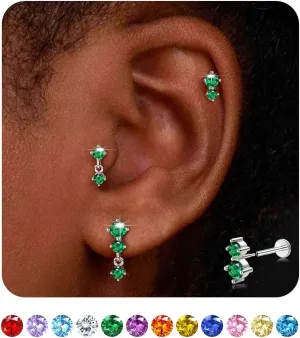 Dainty Flat Back Studs & Dangle Earrings - Hypoallergenic 18G Sets for Multiple Piercing - Birthstone CZ Earrings