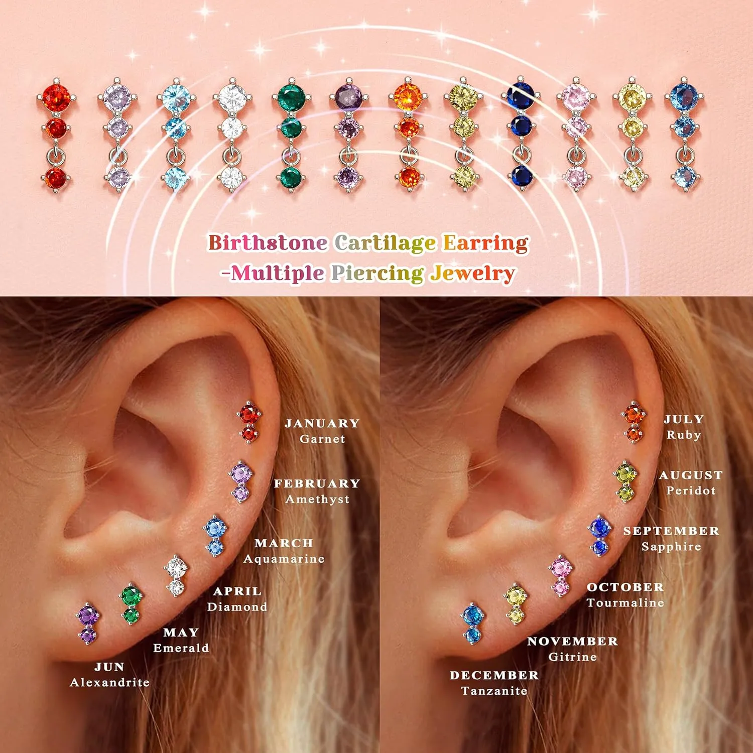 Dainty Flat Back Studs & Dangle Earrings - Hypoallergenic 18G Sets for Multiple Piercing - Birthstone CZ Earrings