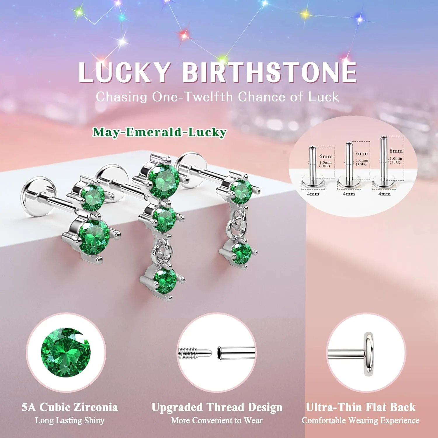 Dainty Flat Back Studs & Dangle Earrings - Hypoallergenic 18G Sets for Multiple Piercing - Birthstone CZ Earrings