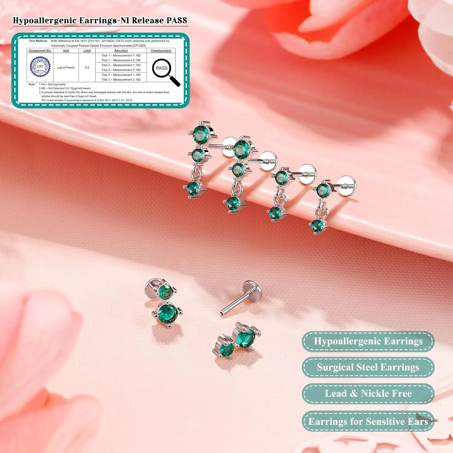 Dainty Flat Back Studs & Dangle Earrings - Hypoallergenic 18G Sets for Multiple Piercing - Birthstone CZ Earrings