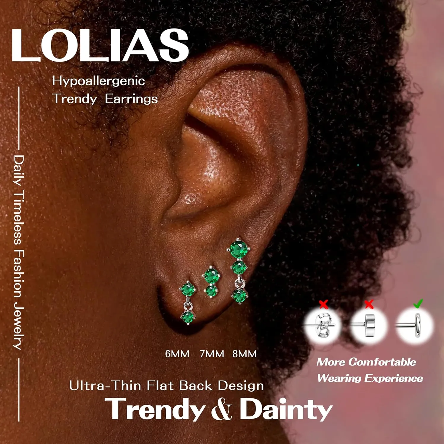 Dainty Flat Back Studs & Dangle Earrings - Hypoallergenic 18G Sets for Multiple Piercing - Birthstone CZ Earrings