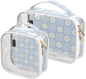 Daisy Checkered Blue 2 Pieces Clear Makeup Cosmetic Bags for Traveling Vacation Organizing, Toiletry Bags for Women Men, PVC Waterproof Travel Organizer
