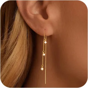 Dangle Earrings for Women Dainty Long Hanging Gold/Silver Chain Earrings Trendy Hypoallergenic Dangling CZ/Pearl Threader Earrings for Women Jewelry