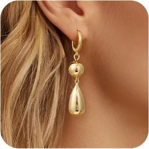 Dangle Gold Earrings for Women Trendy: Teardrop Earrings 14K Gold/Silver Plated Huggie Hoops Lightweight Hanging Teardrop and Ball Drop Earrings Hypoallergenic Statement Earrings Gold Jewelry