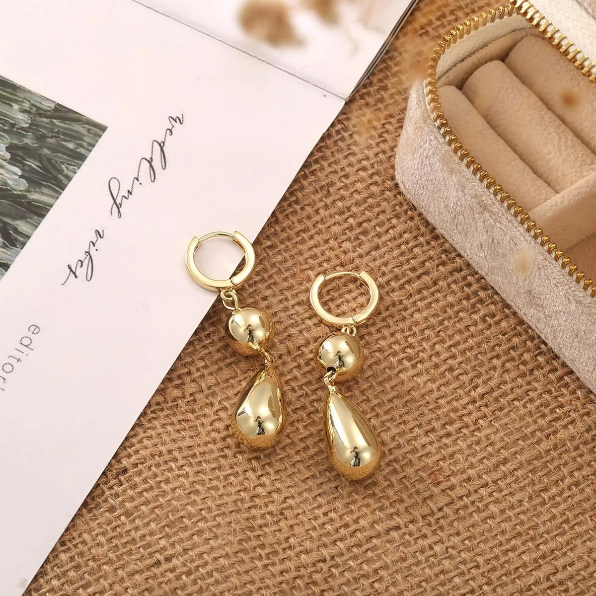 Dangle Gold Earrings for Women Trendy: Teardrop Earrings 14K Gold/Silver Plated Huggie Hoops Lightweight Hanging Teardrop and Ball Drop Earrings Hypoallergenic Statement Earrings Gold Jewelry
