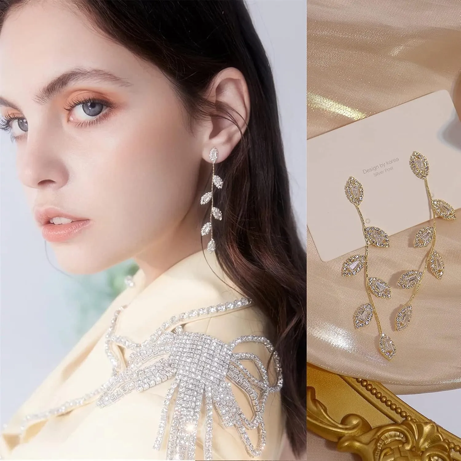 Dangling Earrings for Women Bridal Earrings for Wedding Rhinestone Wedding Prom Anniversary Delicate Leaf silver drop Earrings Long Earrings- Elegant Earrings