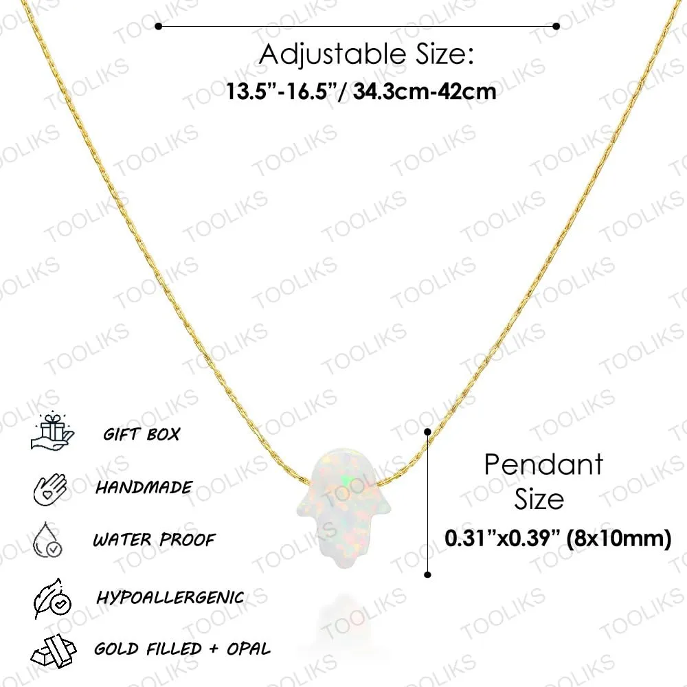 Delicate 14K Gold Filled Opal Hamsa Choker Necklace - Delicate Thin Gold Chain with Sparkling White Opal Hand Charm for Modern Protection (White, Gold Filled)