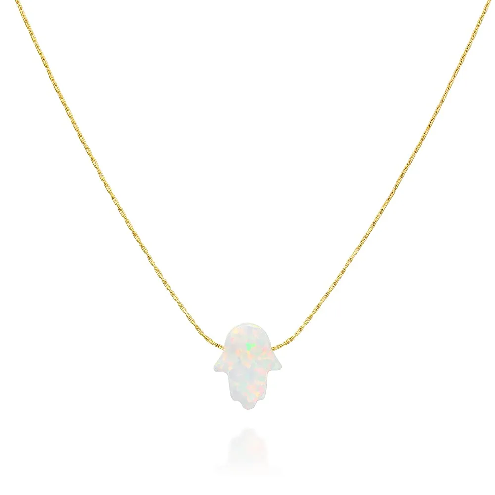 Delicate 14K Gold Filled Opal Hamsa Choker Necklace - Delicate Thin Gold Chain with Sparkling White Opal Hand Charm for Modern Protection (White, Gold Filled)