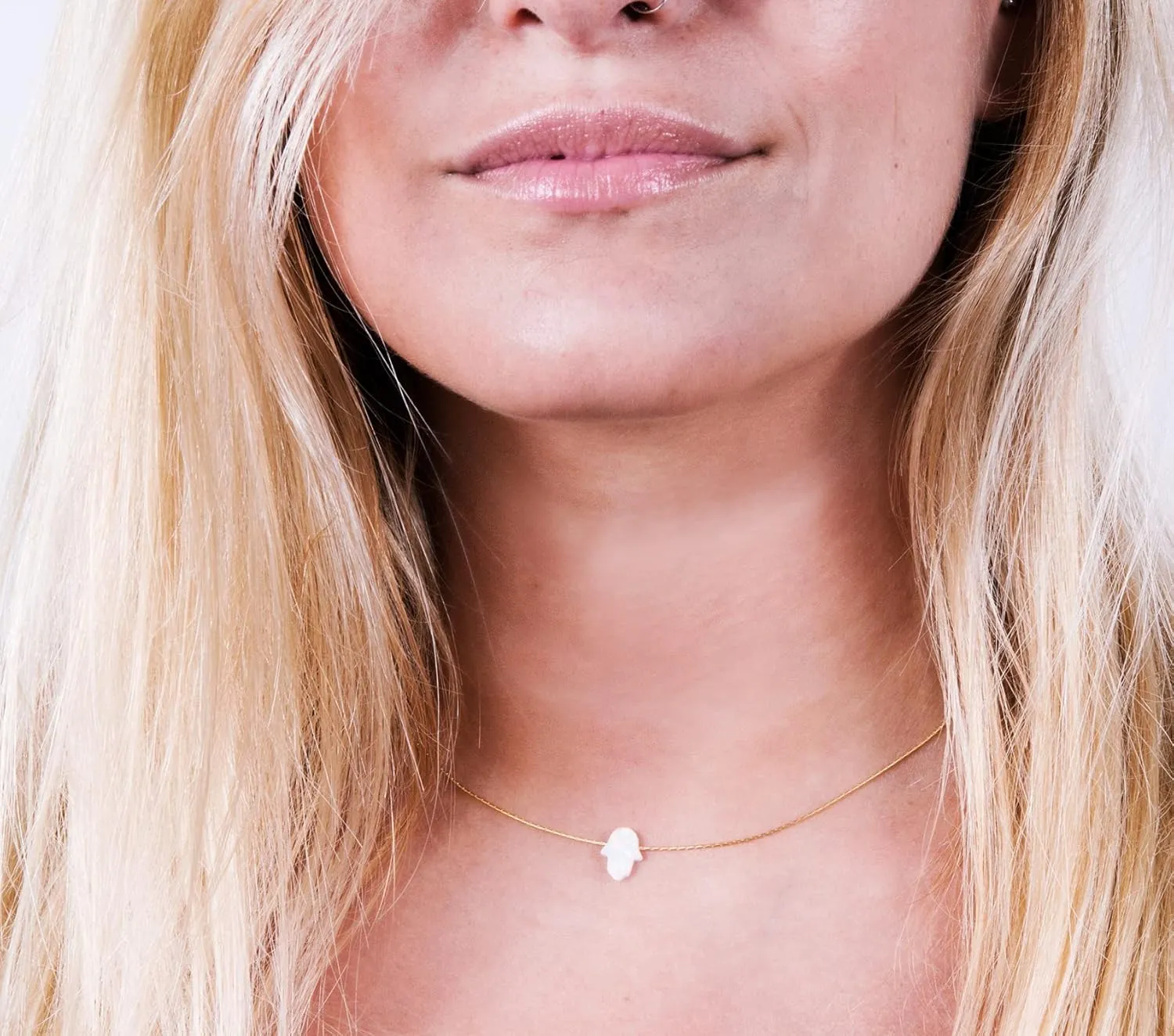 Delicate 14K Gold Filled Opal Hamsa Choker Necklace - Delicate Thin Gold Chain with Sparkling White Opal Hand Charm for Modern Protection (White, Gold Filled)