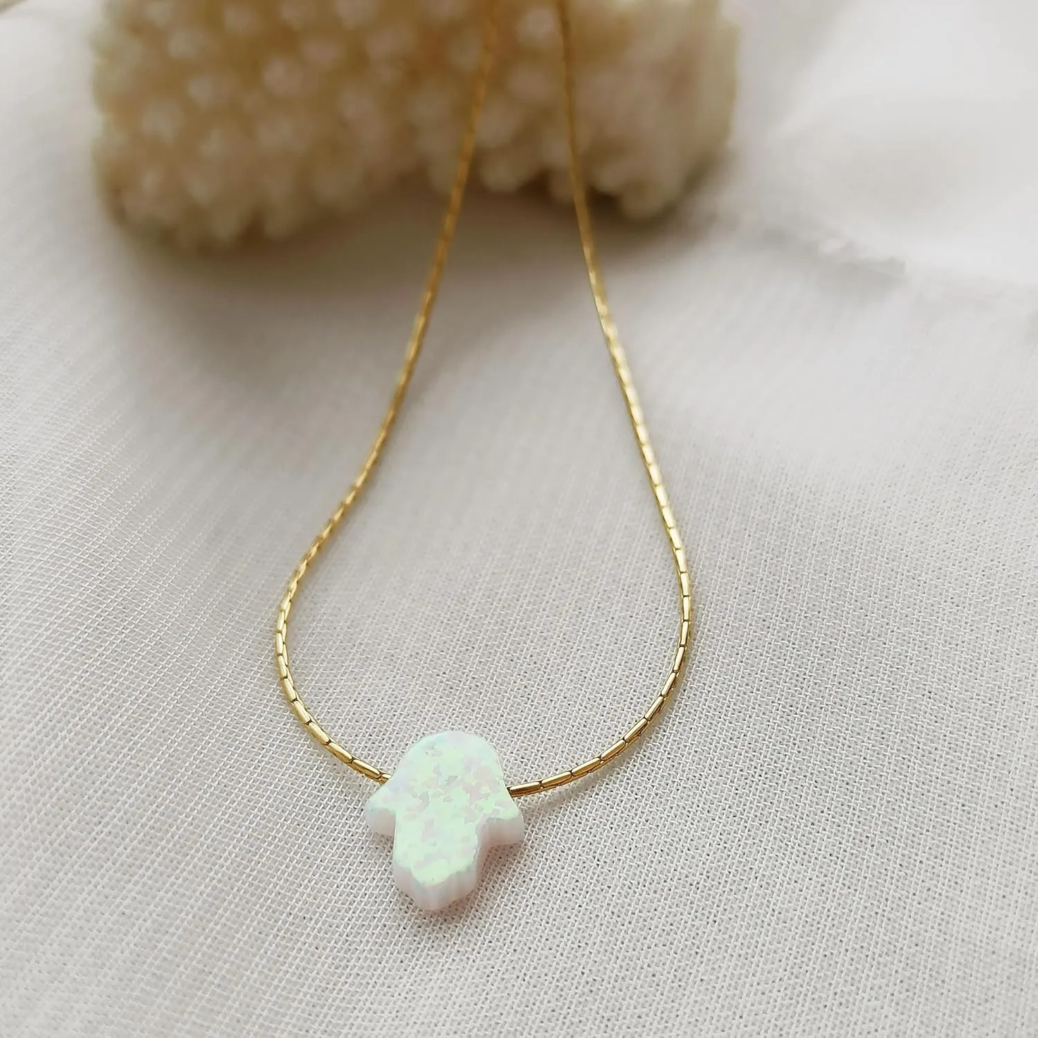 Delicate 14K Gold Filled Opal Hamsa Choker Necklace - Delicate Thin Gold Chain with Sparkling White Opal Hand Charm for Modern Protection (White, Gold Filled)