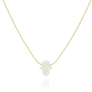Delicate 14K Gold Filled Opal Hamsa Choker Necklace - Delicate Thin Gold Chain with Sparkling White Opal Hand Charm for Modern Protection (White, Gold Filled)