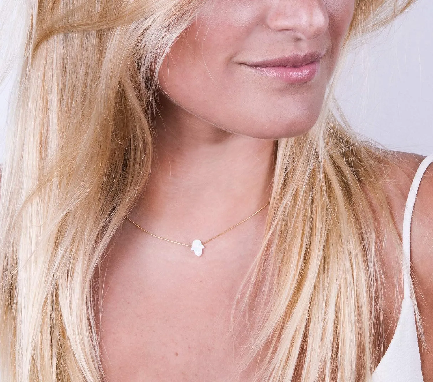Delicate 14K Gold Filled Opal Hamsa Choker Necklace - Delicate Thin Gold Chain with Sparkling White Opal Hand Charm for Modern Protection (White, Gold Filled)