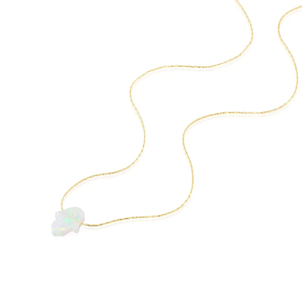 Delicate 14K Gold Filled Opal Hamsa Choker Necklace - Delicate Thin Gold Chain with Sparkling White Opal Hand Charm for Modern Protection (White, Gold Filled)
