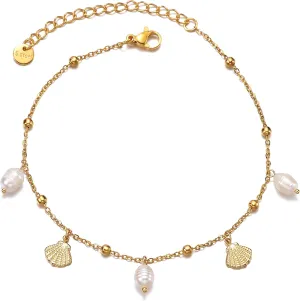 Delicate Gold Pearl Shell Charm Ankle Bracelet Stacks for Women, Handmade non-Tarnish Waterproof Adjustable Anklets Summer Beach Ocean Fashion Jewelry Gift.