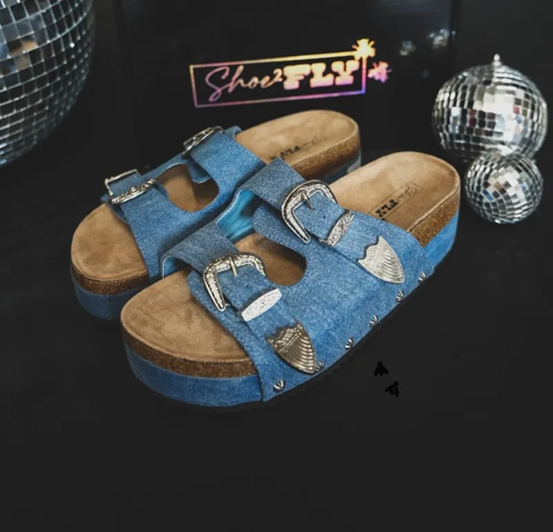 Denim Western Buckle Sandals - PREORDER CLOSED-